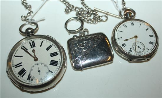 19C Swiss silver open face keywind pocket watch with silver vesta fob & another silver open face pocket watch